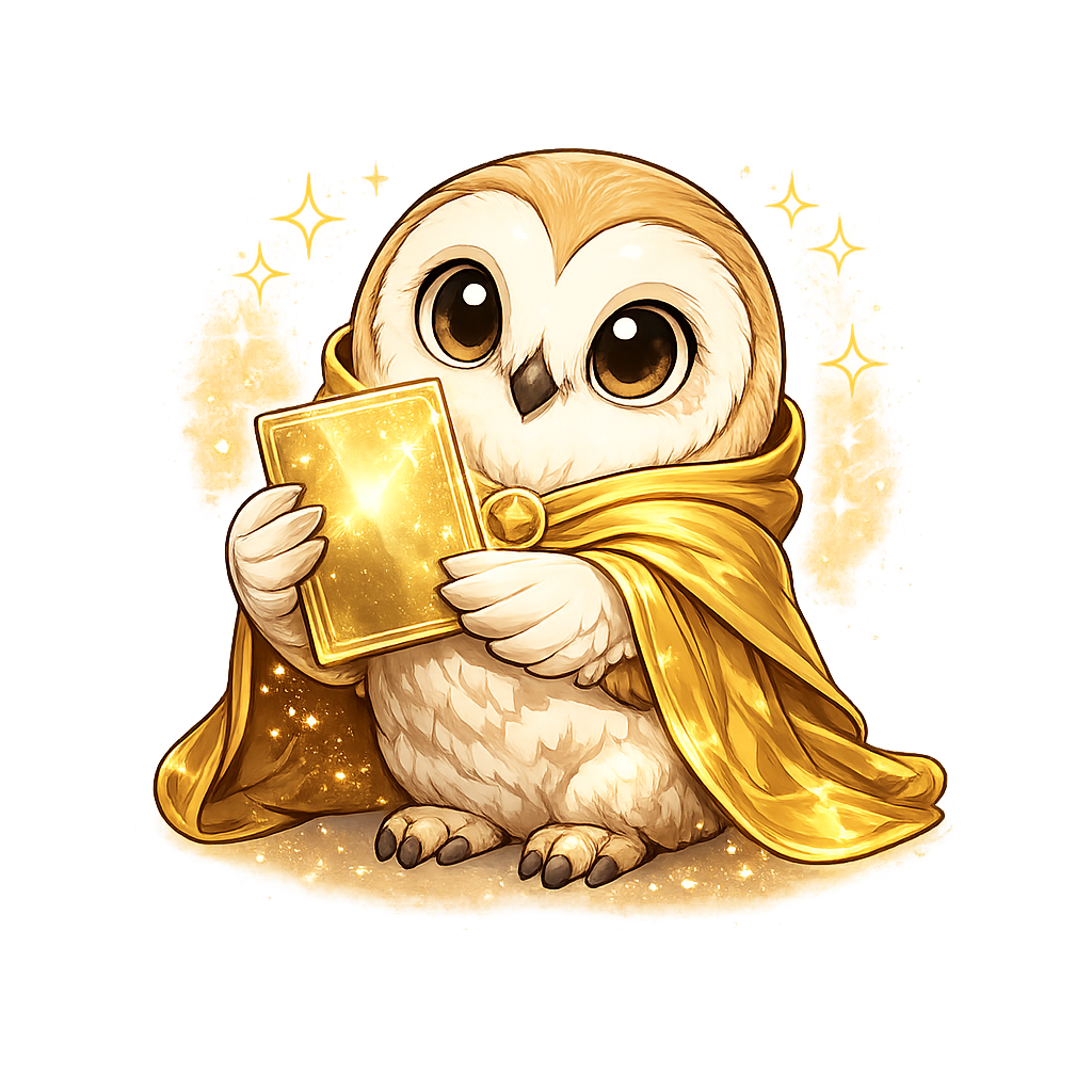 Auri, mascote do Reino do Selado, segurando uma carta dourada